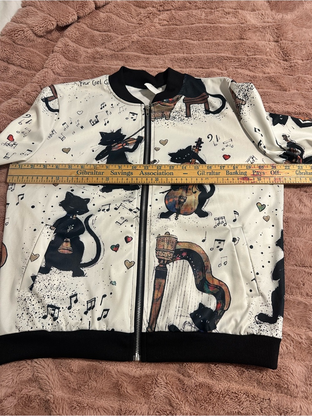Women's White Bomber Jacket with Musical Cat Print - Picture 4 of 6